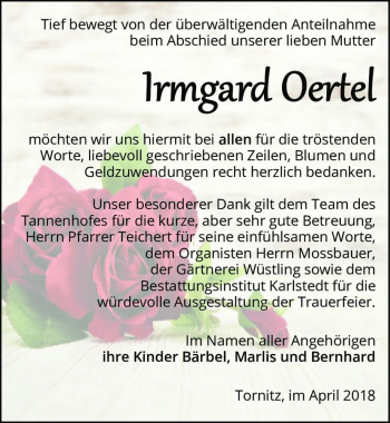 Traueranzeige von Irmgard Oertel  von Magdeburger Volksstimme