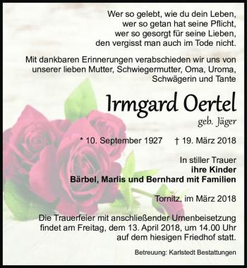 Traueranzeige von Irmgard Oertel (geb. Jäger)  von Magdeburger Volksstimme