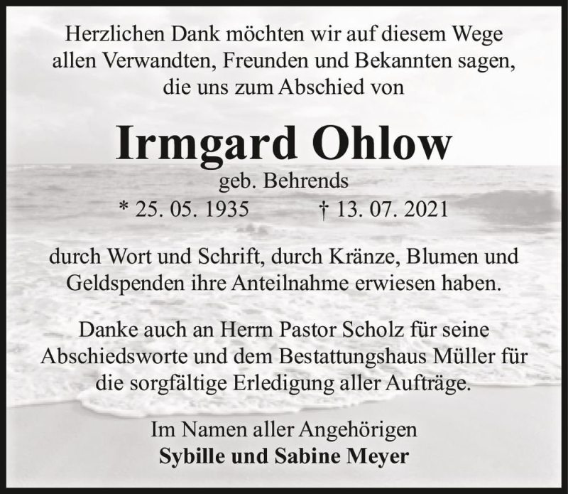  Traueranzeige für Irmgard Ohlow (geb. Behrends)  vom 31.07.2021 aus Magdeburger Volksstimme