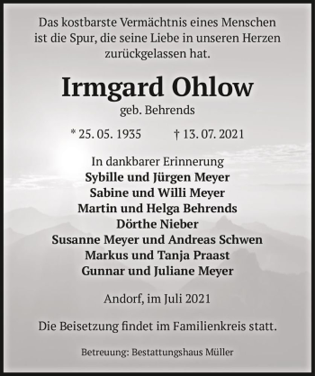 Traueranzeige von Irmgard Ohlow (geb. Behrends)  von Magdeburger Volksstimme