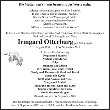 Traueranzeige von Irmgard Otterburg (geb. Schlesinger)  von Magdeburger Volksstimme