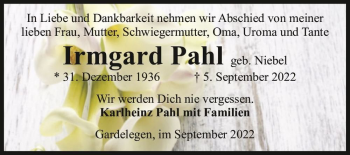 Traueranzeige von Irmgard Pahl (geb. Niebel)  von Magdeburger Volksstimme