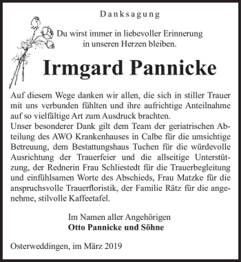 Traueranzeige von Irmgard Pannicke  von Magdeburger Volksstimme