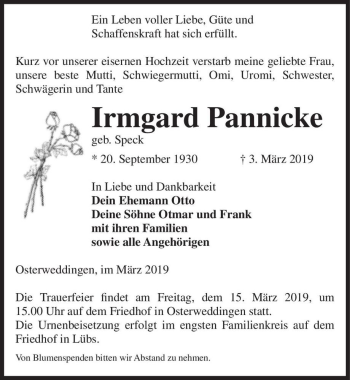 Traueranzeige von Irmgard Pannicke (geb. Speck)  von Magdeburger Volksstimme