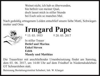 Traueranzeige von Irmgard Pape  von Magdeburger Volksstimme