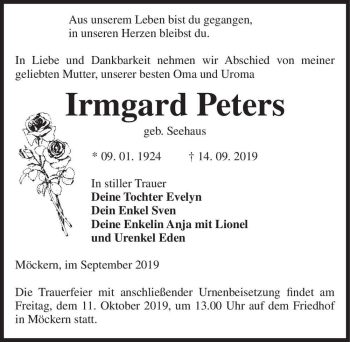 Traueranzeige von Irmgard Peters (geb. Seehaus)  von Magdeburger Volksstimme