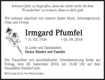 Traueranzeige von Irmgard Pfumfel  von Magdeburger Volksstimme