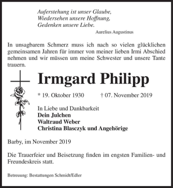 Traueranzeige von Irmgard Philipp  von Magdeburger Volksstimme