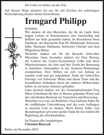 Traueranzeige von Irmgard Philipp  von Magdeburger Volksstimme