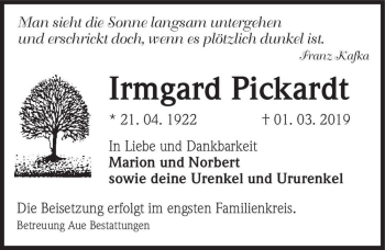 Traueranzeige von Irmgard Pickardt  von Magdeburger Volksstimme