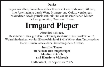 Traueranzeige von Irmgard Pieper  von Magdeburger Volksstimme