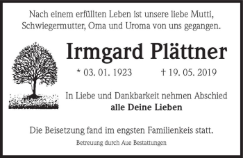 Traueranzeige von Irmgard Plättner  von Magdeburger Volksstimme