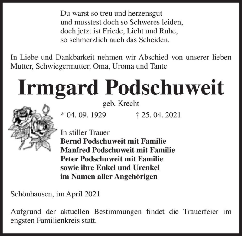  Traueranzeige für Irmgard Podschuweit (geb. Krecht)  vom 30.04.2021 aus Magdeburger Volksstimme