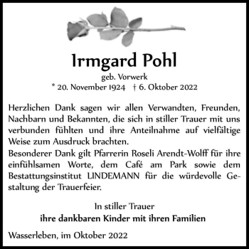 Traueranzeige von Irmgard Pohl (geb. Vorwerk)  von Magdeburger Volksstimme