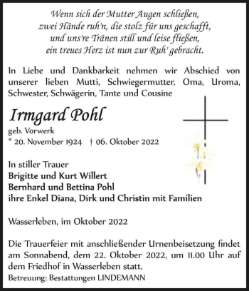 Traueranzeige von Irmgard Pohl (geb. Vorwerk)  von Magdeburger Volksstimme