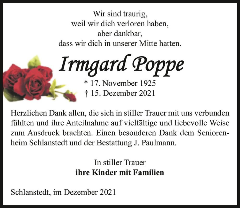  Traueranzeige für Irmgard Poppe  vom 23.12.2021 aus Magdeburger Volksstimme