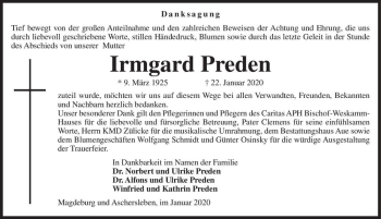 Traueranzeige von Irmgard Predel  von Magdeburger Volksstimme