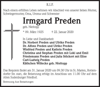 Traueranzeige von Irmgard Preden (geb. Nieltopp)  von Magdeburger Volksstimme
