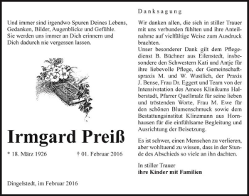 Traueranzeige von Irmgard Preiß  von Magdeburger Volksstimme