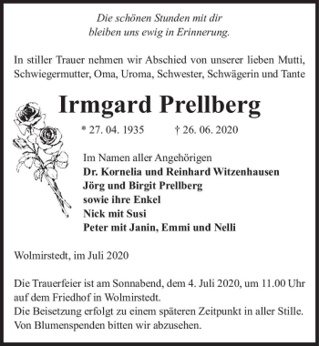 Traueranzeige von Irmgard Prellberg  von Magdeburger Volksstimme
