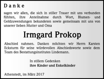 Traueranzeige von Irmgard Prokop  von Magdeburger Volksstimme