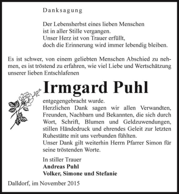 Traueranzeige von Irmgard Puhl  von Magdeburger Volksstimme