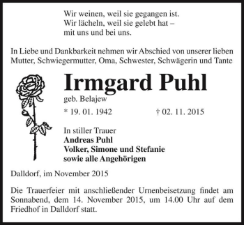Traueranzeige von Irmgard Puhl (geb. Belajew)  von Magdeburger Volksstimme
