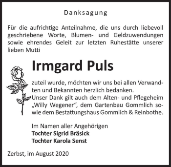 Traueranzeige von Irmgard Puls  von Magdeburger Volksstimme
