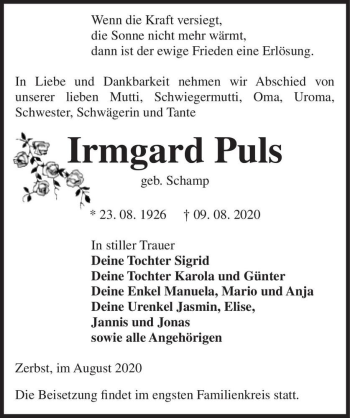 Traueranzeige von Irmgard Puls (geb. Schamp)  von Magdeburger Volksstimme