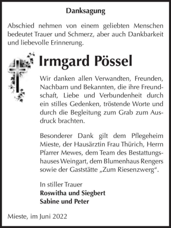 Traueranzeige von Irmgard Pössel  von Magdeburger Volksstimme