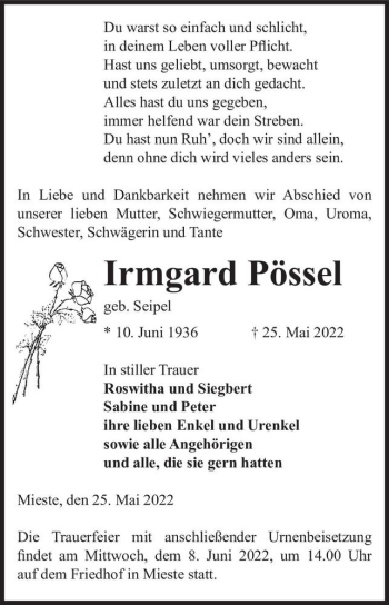 Traueranzeige von Irmgard Pössel (geb. Seipel)  von Magdeburger Volksstimme