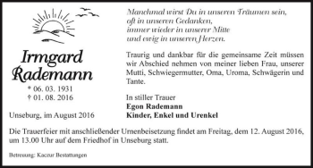 Traueranzeige von Irmgard Rademann  von Magdeburger Volksstimme