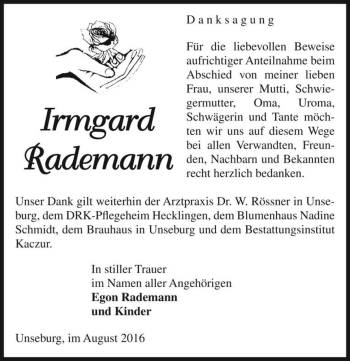 Traueranzeige von Irmgard Rademann  von Magdeburger Volksstimme