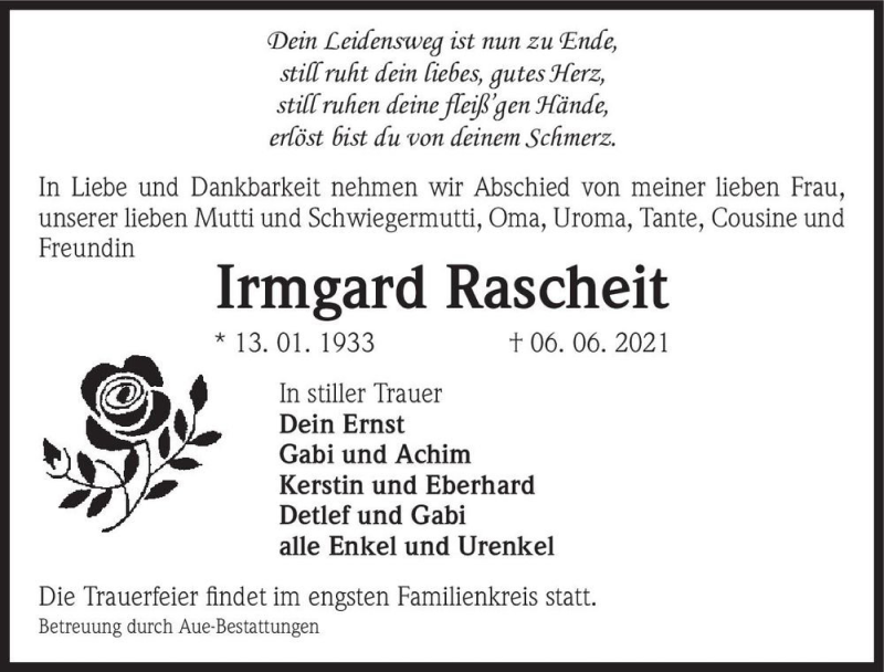  Traueranzeige für Irmgard Rascheit  vom 19.06.2021 aus Magdeburger Volksstimme