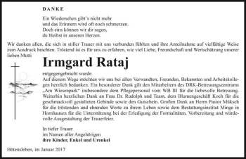 Traueranzeige von Irmgard Rataj  von Magdeburger Volksstimme