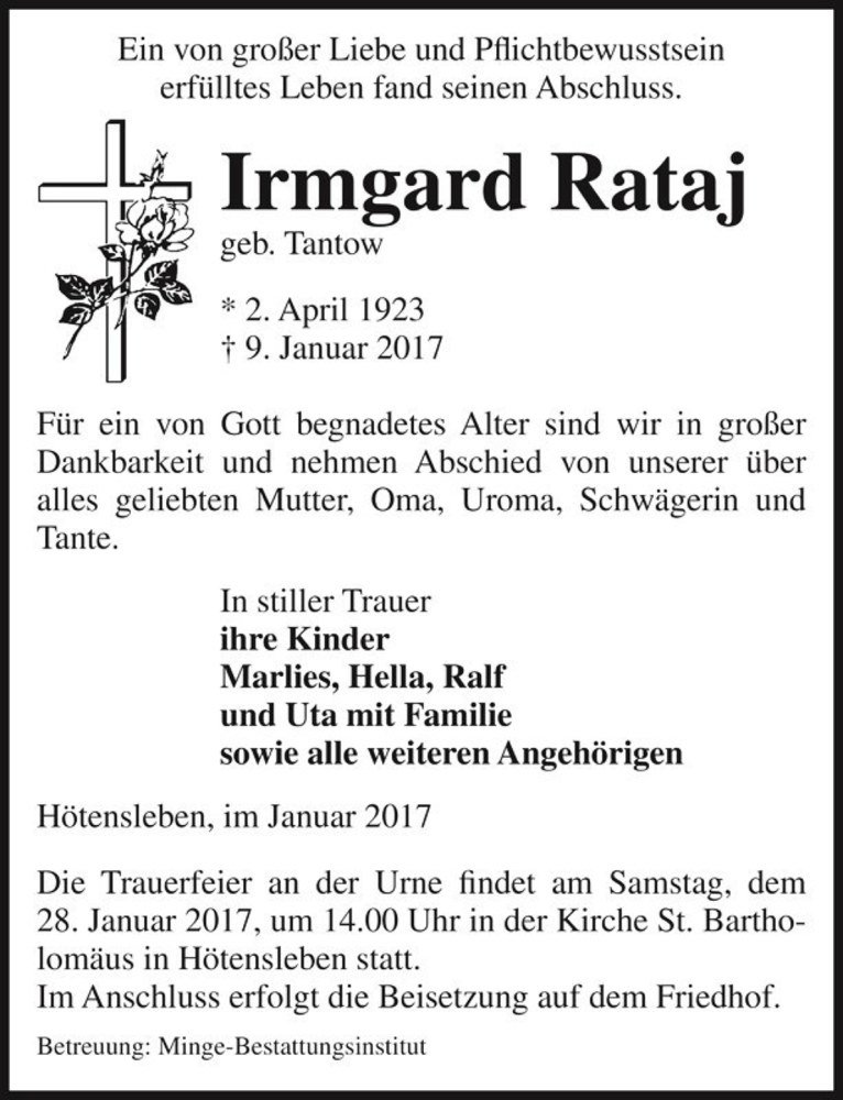  Traueranzeige für Irmgard Rataj (geb. Tantow)  vom 14.01.2017 aus Magdeburger Volksstimme