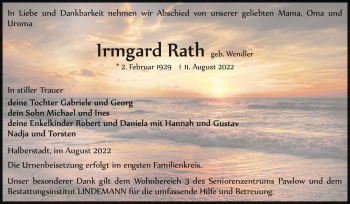 Traueranzeige von Irmgard Rath (geb. Wendler)  von Magdeburger Volksstimme