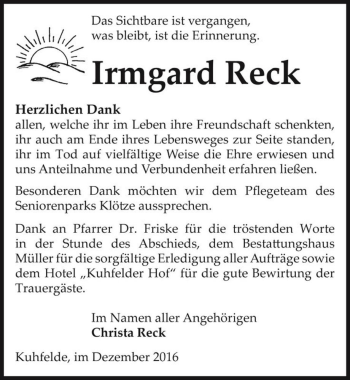 Traueranzeige von Irmgard Reck  von Magdeburger Volksstimme