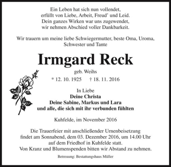 Traueranzeige von Irmgard Reck (geb. Weihs)  von Magdeburger Volksstimme
