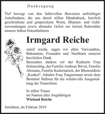 Traueranzeige von Irmgard Reiche  von Magdeburger Volksstimme