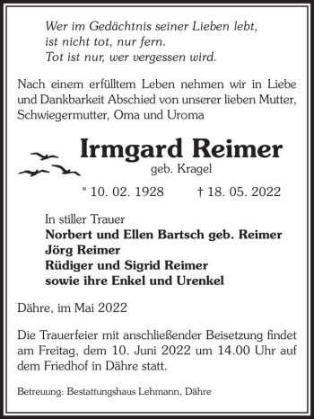 Traueranzeige von Irmgard Reimer (geb. Kragel)  von Magdeburger Volksstimme