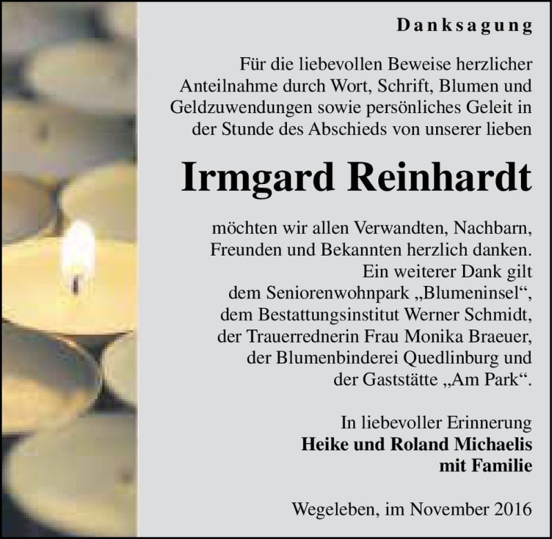  Traueranzeige für Irmgard Reinhardt  vom 05.11.2016 aus Magdeburger Volksstimme