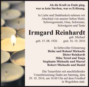 Traueranzeige von Irmgard Reinhardt (geb. Michael)  von Magdeburger Volksstimme