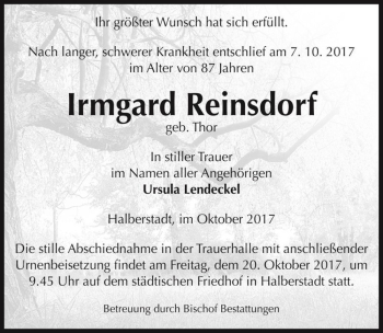 Traueranzeige von Irmgard Reinsdorf (geb. Thor)  von Magdeburger Volksstimme
