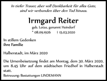 Traueranzeige von Irmgard Reiter (geb. Lotze) (gennant Heindorf)  von Magdeburger Volksstimme