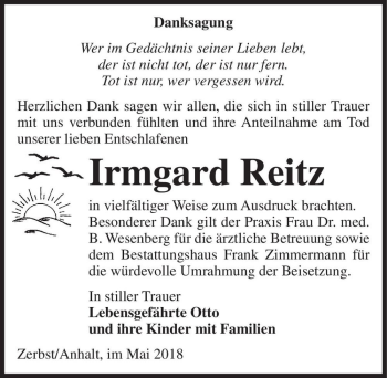 Traueranzeige von Irmgard Reitz  von Magdeburger Volksstimme