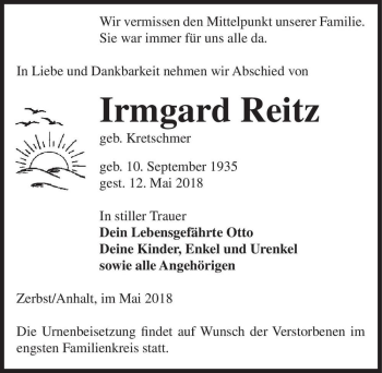 Traueranzeige von Irmgard Reitz (geb. Kretschmer)  von Magdeburger Volksstimme