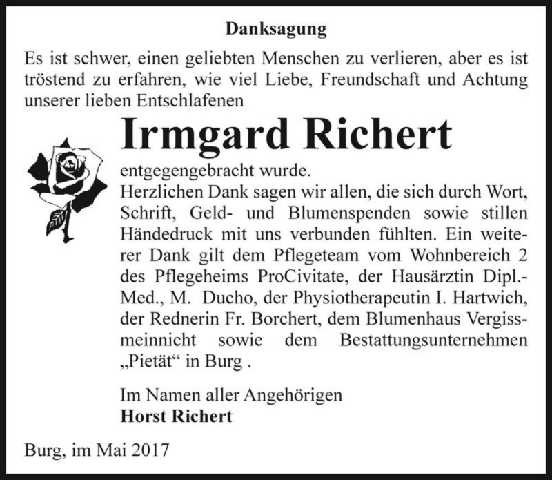  Traueranzeige für Irmgard Richert  vom 27.05.2017 aus Magdeburger Volksstimme