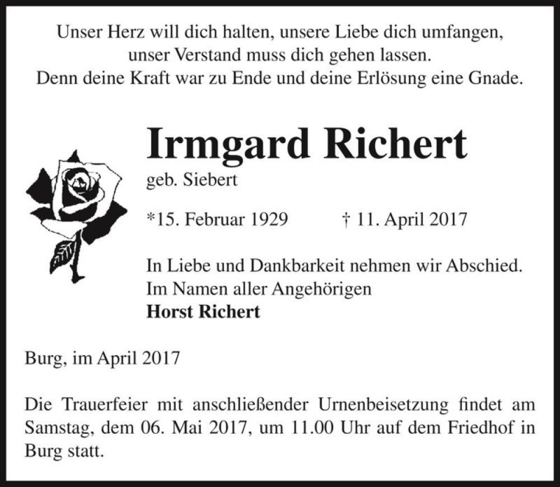  Traueranzeige für Irmgard Richert (geb. Siebert)  vom 15.04.2017 aus Magdeburger Volksstimme