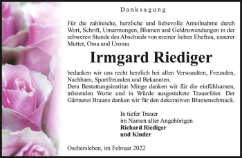 Traueranzeige von Irmgard Riediger  von Magdeburger Volksstimme